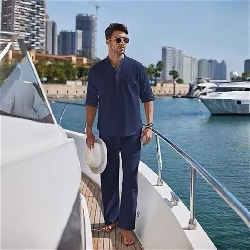 Ensemble Homme Style Yacht – Col Montant, Haut & Pantalon Ample