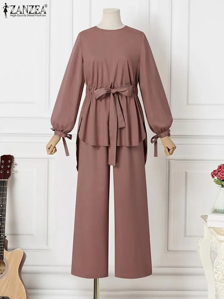 ZANZEA-Costumes chemisier et pantalon à manches longues pour femmes, survêtements Hijab Abaya, vêtements islamiques, ensembles musulmans vintage, mode automne, 2 pièces, 2024
