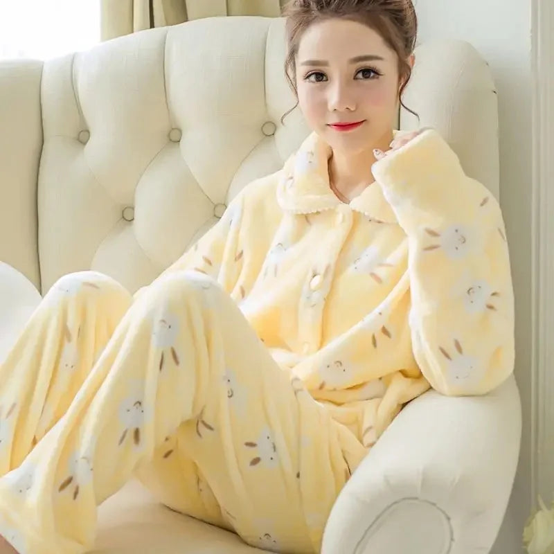 Vêtements de nuit en flanelle épaisse en molleton de corail, ensemble de vêtements de maison à manches longues pour femmes, chaud et confortable, costume deux pièces confortable, hiver