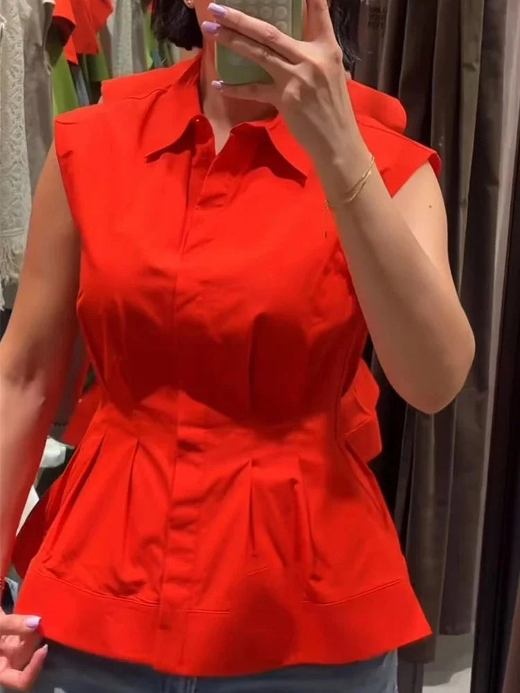 Chemisier plissé chic et élégant pour femme, sans manches, col rabattu, simple boutonnage, nouvelle collection été