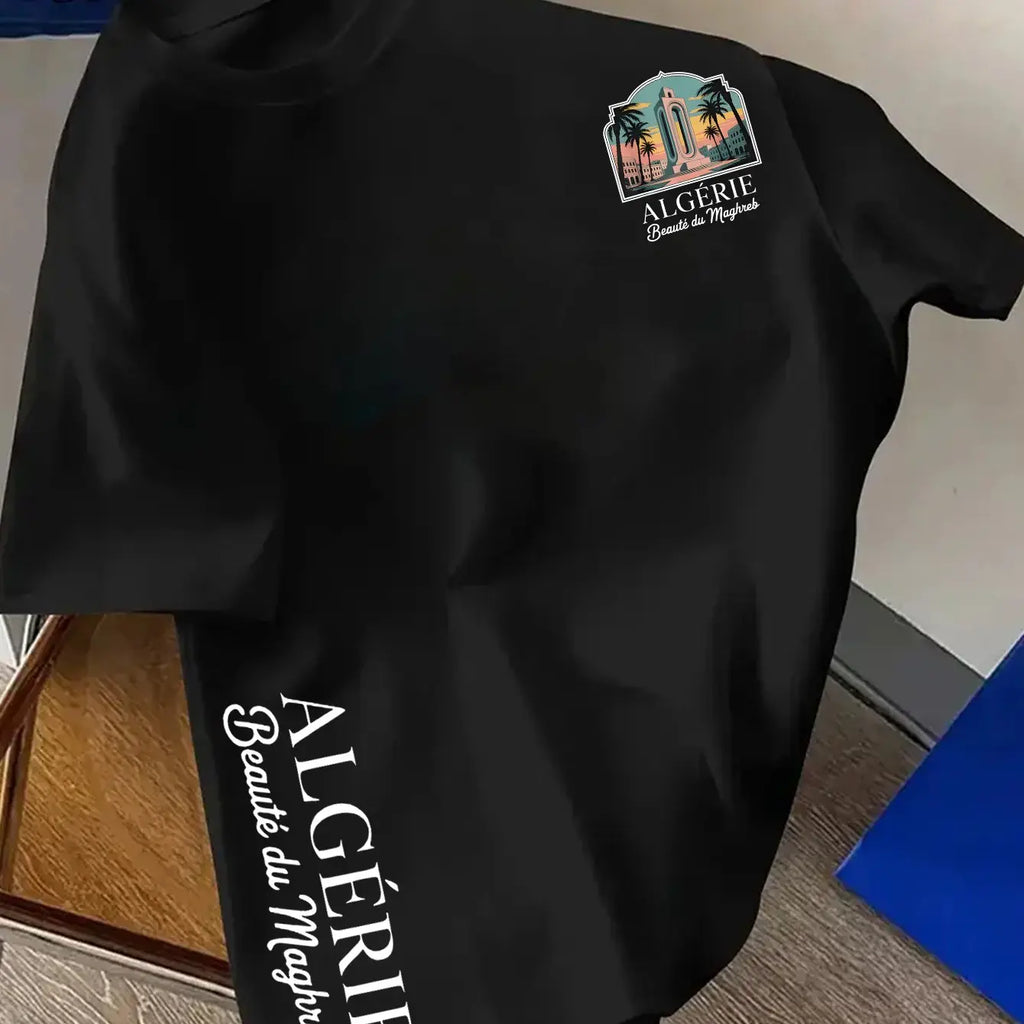 T-shirt algérien 100 % coton pour homme 2026 – Motif urbain nord-africain simple, col rond décontracté, manches courtes, style streetwear