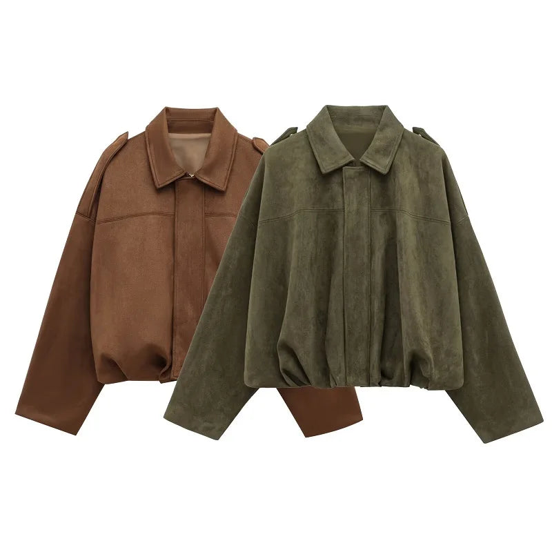 Veste Bomber Faux Daim Femme – Oversize Zippée, Streetwear