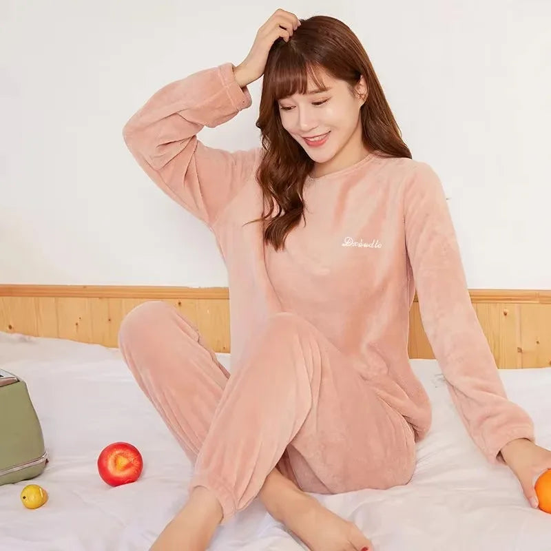 Ensemble pyjama en velours corail pour femme, pantalon chaud, ample, vêtements de maison pour l'extérieur, surdimensionné, automne et hiver