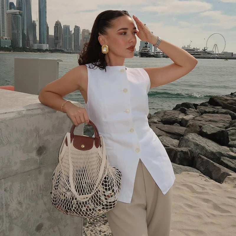 MUJER 2025 blanc gilet sans manches femmes bouton gilets d'été pour femmes veste rose gilet haut femmes Streetwear femmes gilet sur mesure