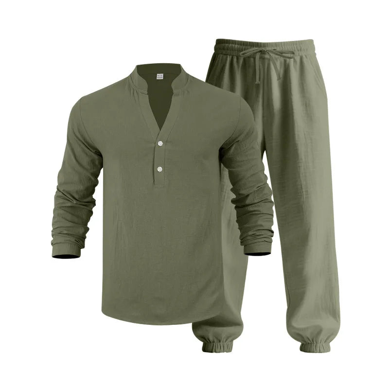 Ensemble américain en lin ample pour hommes, chemise hawaïenne fine Henry, pantalon à manches longues, pour les déplacements domicile, automne