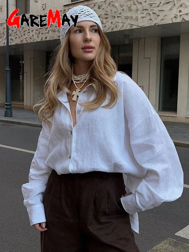 Chemise en lin à manches longues pour femmes, chemisier surdimensionné, col haut basique, coton, élégant, rose, vintage, printemps