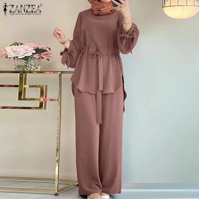 ZANZEA-Costumes chemisier et pantalon à manches longues pour femmes, survêtements Hijab Abaya, vêtements islamiques, ensembles musulmans vintage, mode automne, 2 pièces, 2024