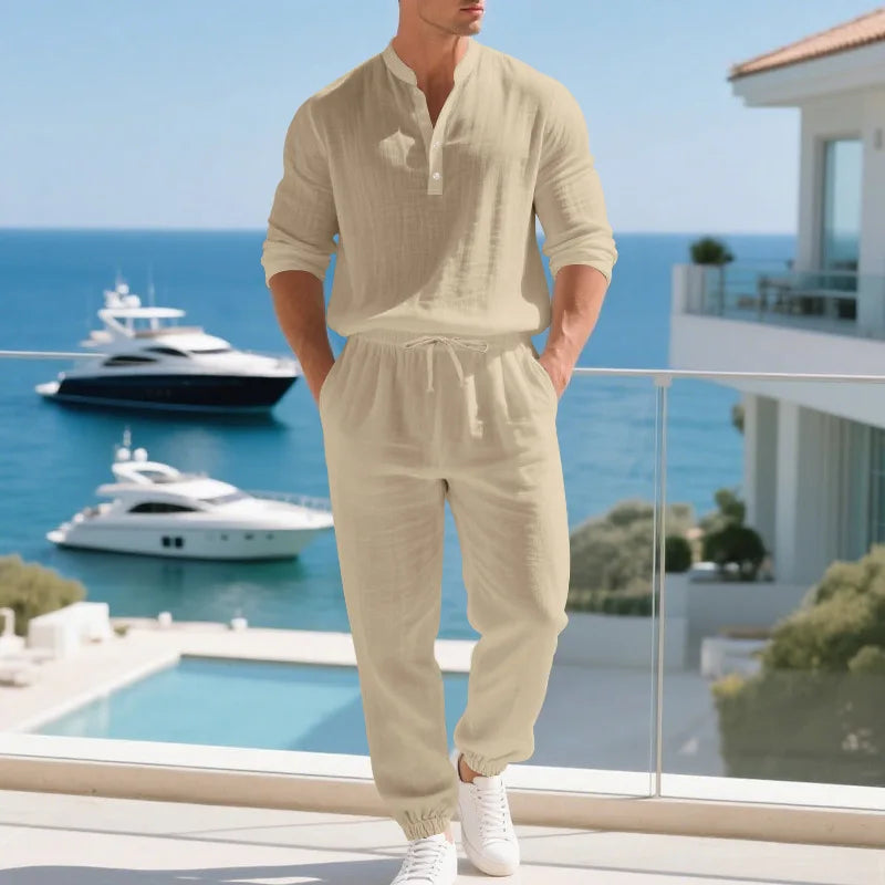 Ensemble américain en lin ample pour hommes, chemise hawaïenne fine Henry, pantalon à manches longues, pour les déplacements domicile, automne