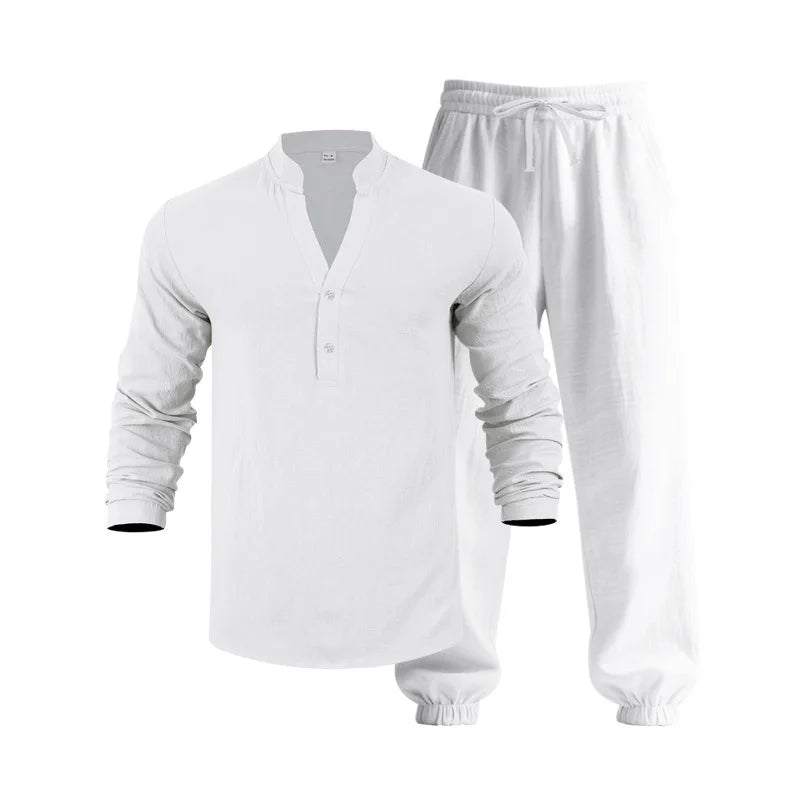 Ensemble américain en lin ample pour hommes, chemise hawaïenne fine Henry, pantalon à manches longues, pour les déplacements domicile, automne
