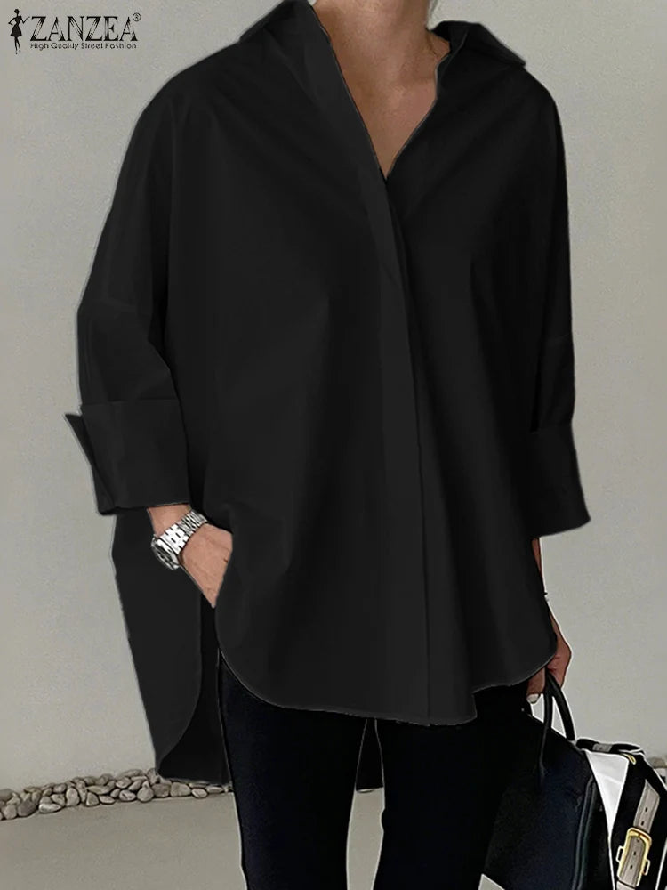 ZANZEA Chemisier blanc oversize pour femme, col rabattu, manches longues, boutonné, coupe asymétrique, couleur unie, collection automne 2026, style streetwear