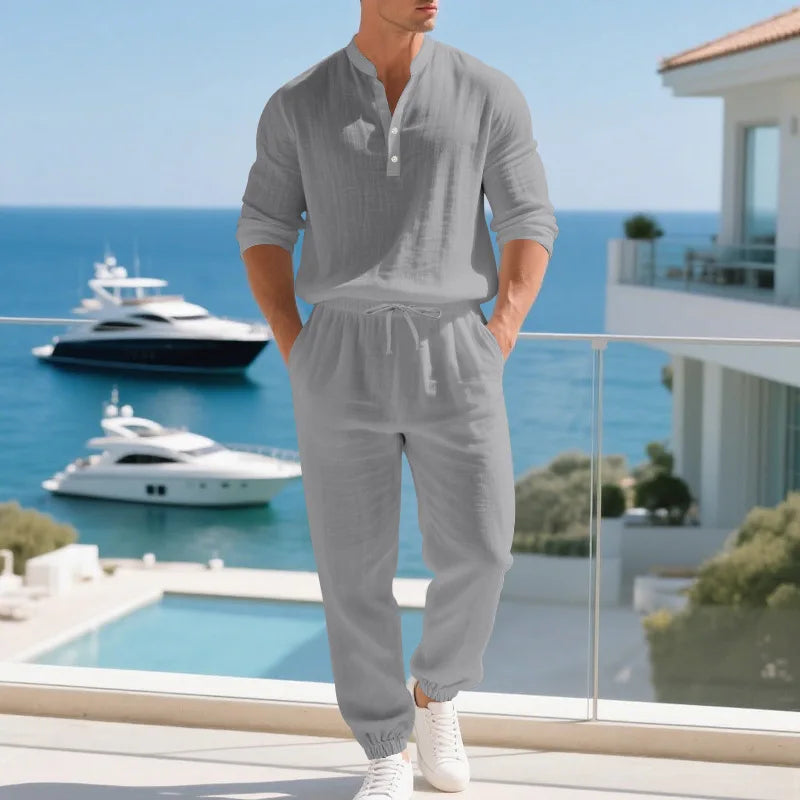 Ensemble américain en lin ample pour hommes, chemise hawaïenne fine Henry, pantalon à manches longues, pour les déplacements domicile, automne