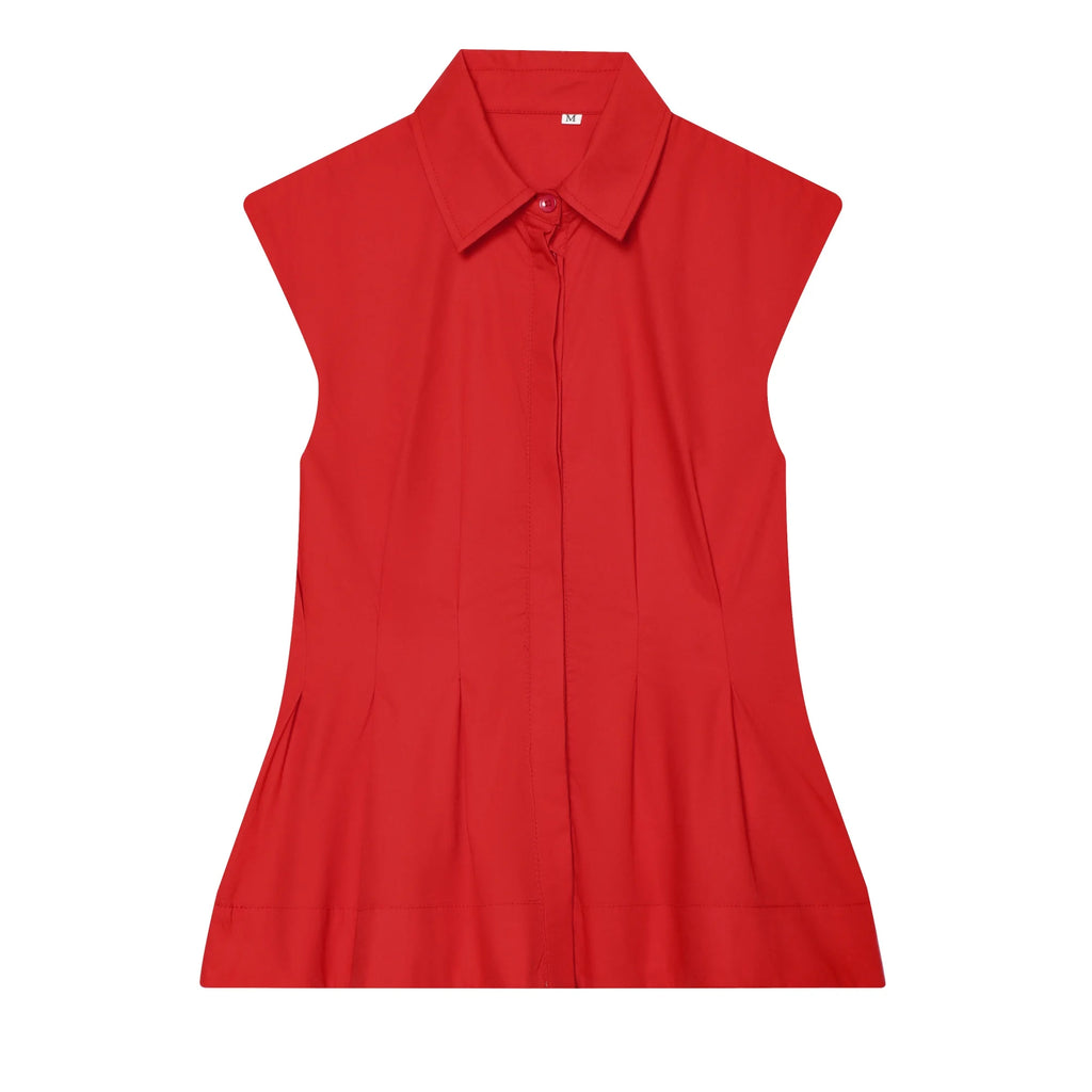 Chemisier plissé chic et élégant pour femme, sans manches, col rabattu, simple boutonnage, nouvelle collection été