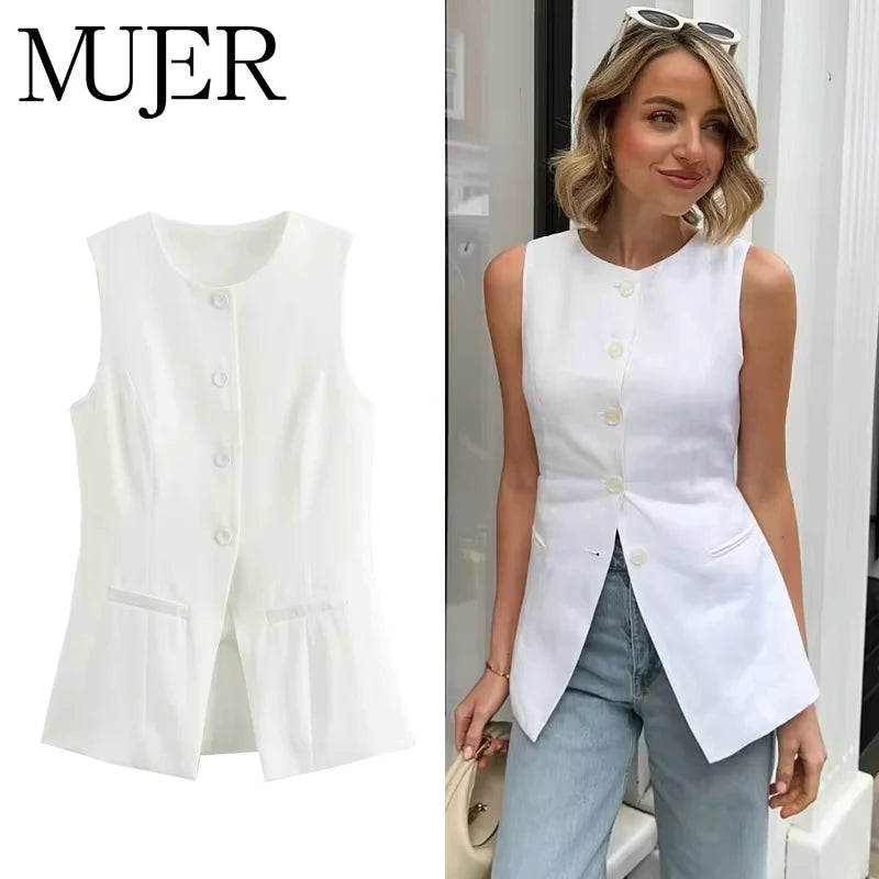 MUJER 2025 blanc gilet sans manches femmes bouton gilets d'été pour femmes veste rose gilet haut femmes Streetwear femmes gilet sur mesure
