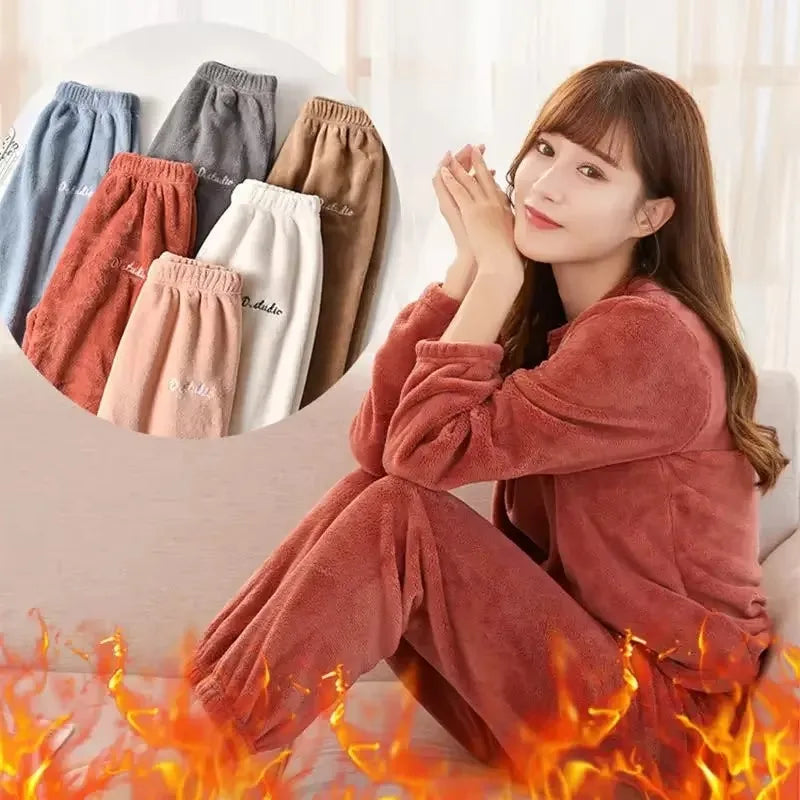 Ensemble pyjama en velours corail pour femme, pantalon chaud, ample, vêtements de maison pour l'extérieur, surdimensionné, automne et hiver