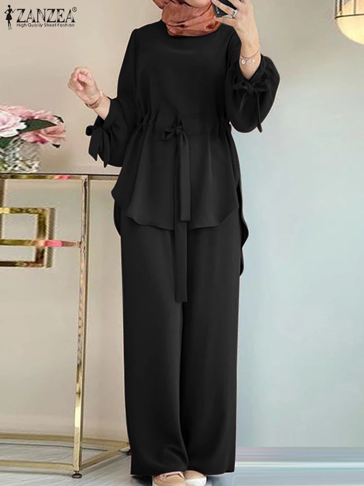 ZANZEA-Costumes chemisier et pantalon à manches longues pour femmes, survêtements Hijab Abaya, vêtements islamiques, ensembles musulmans vintage, mode automne, 2 pièces, 2024