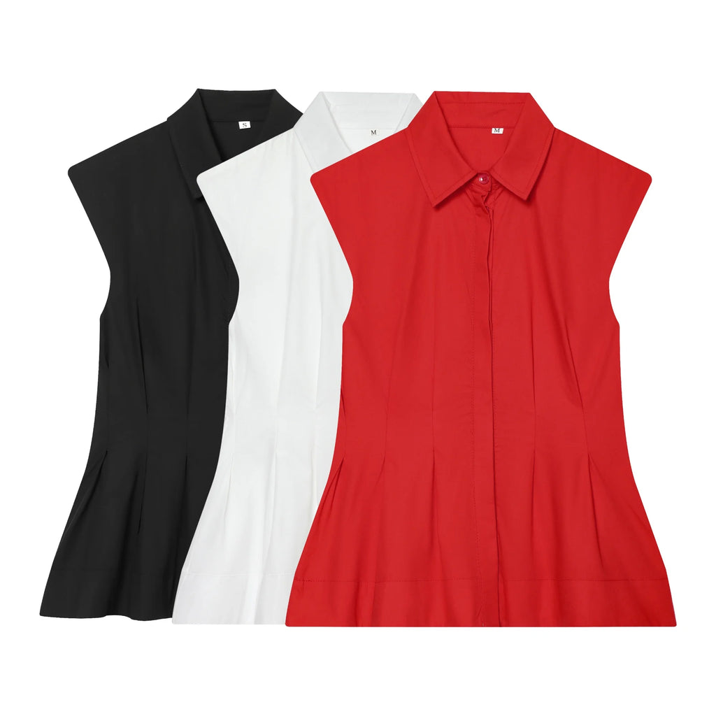 Chemisier plissé chic et élégant pour femme, sans manches, col rabattu, simple boutonnage, nouvelle collection été