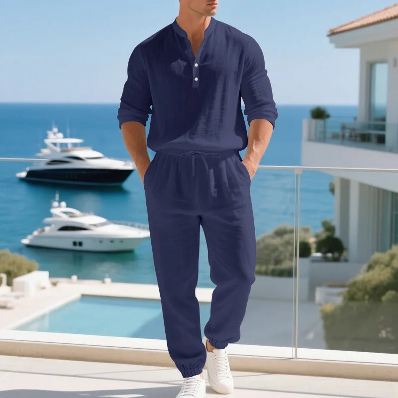 Ensemble américain en lin ample pour hommes, chemise hawaïenne fine Henry, pantalon à manches longues, pour les déplacements domicile, automne