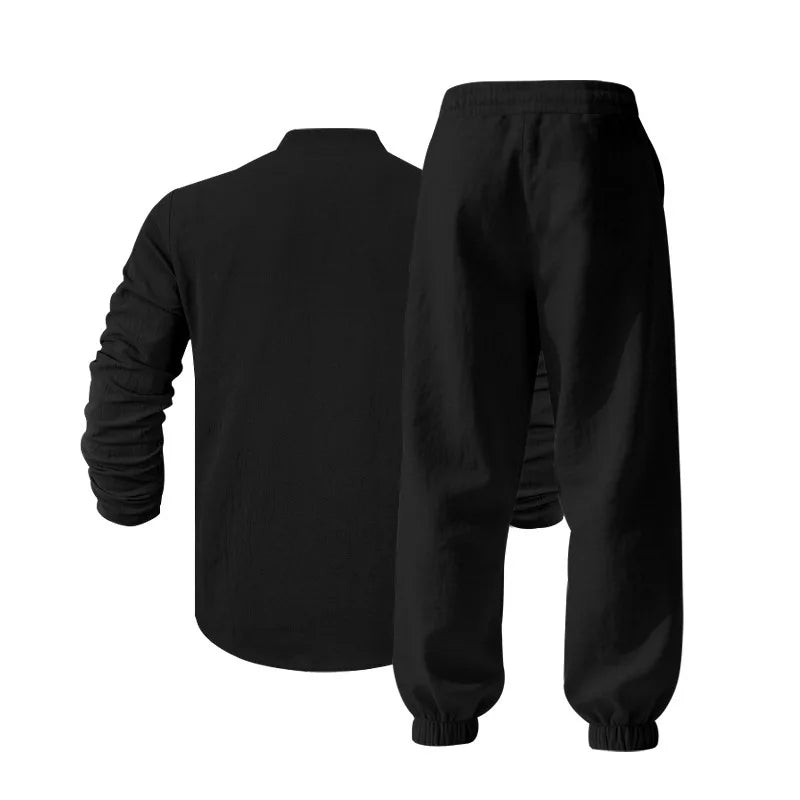 Ensemble américain en lin ample pour hommes, chemise hawaïenne fine Henry, pantalon à manches longues, pour les déplacements domicile, automne