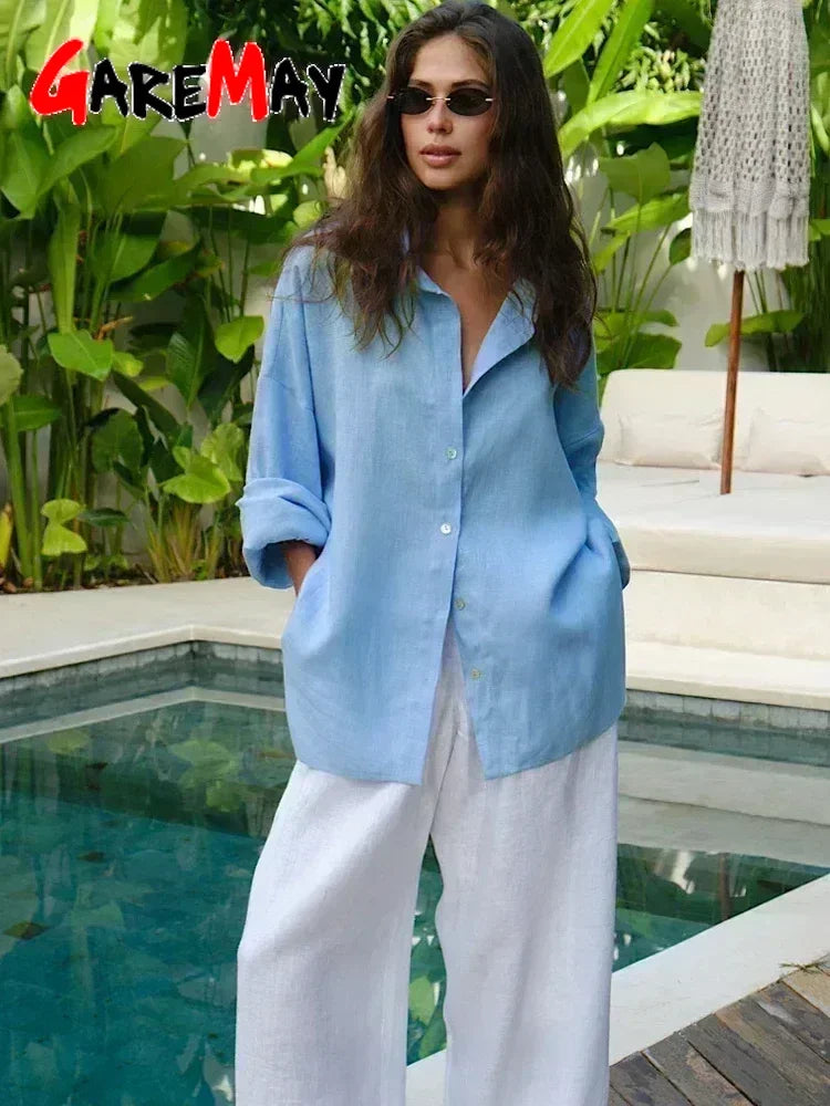 Chemise en lin à manches longues pour femmes, chemisier surdimensionné, col haut basique, coton, élégant, rose, vintage, printemps