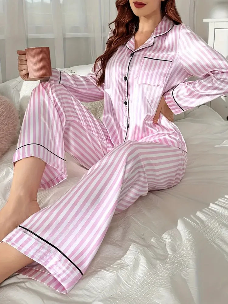 Ensemble pyjama rayé pour femmes, vêtements de nuit, manches longues, haut à boutons et pantalons longs, vêtements de maison, automne et hiver