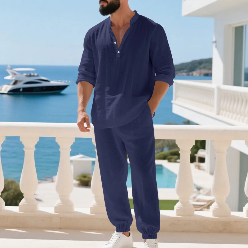 Ensemble américain en lin ample pour hommes, chemise hawaïenne fine Henry, pantalon à manches longues, pour les déplacements domicile, automne