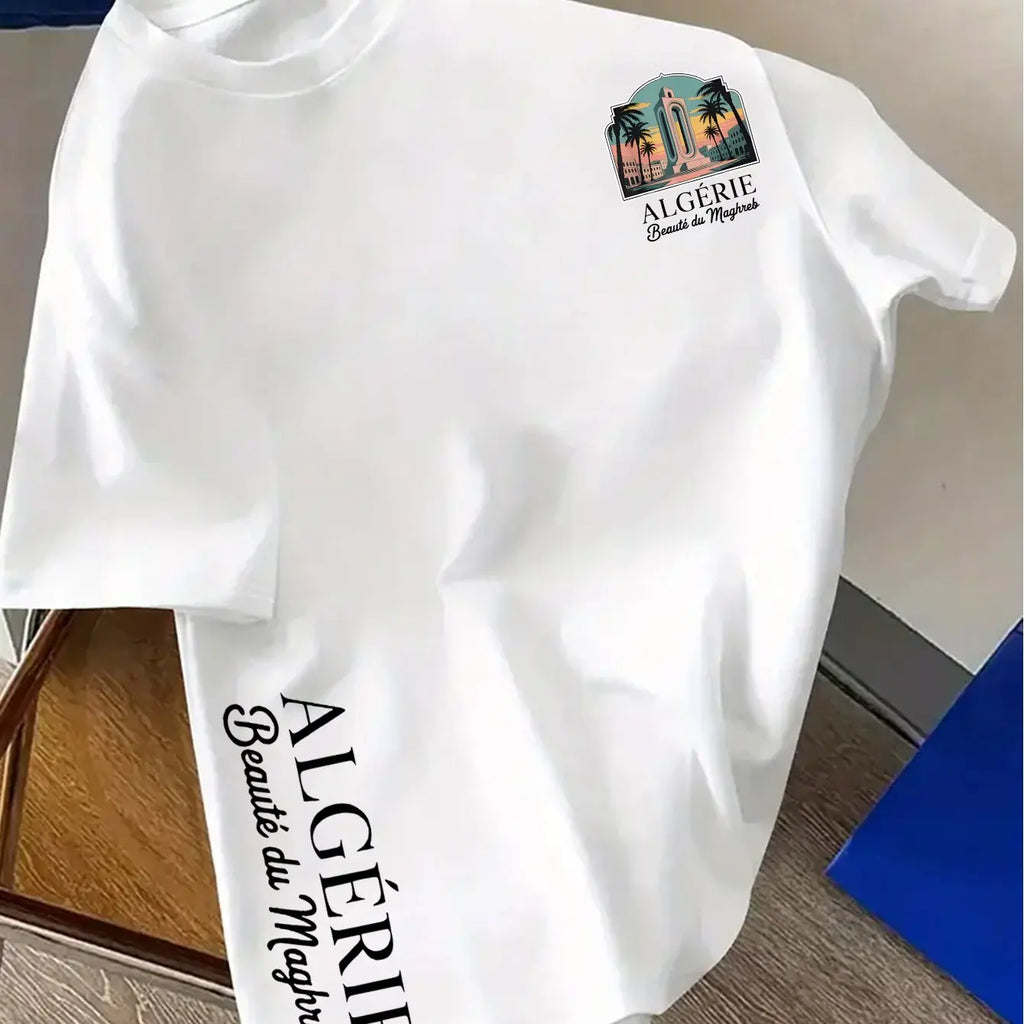 T-shirt algérien 100 % coton pour homme 2026 – Motif urbain nord-africain simple, col rond décontracté, manches courtes, style streetwear