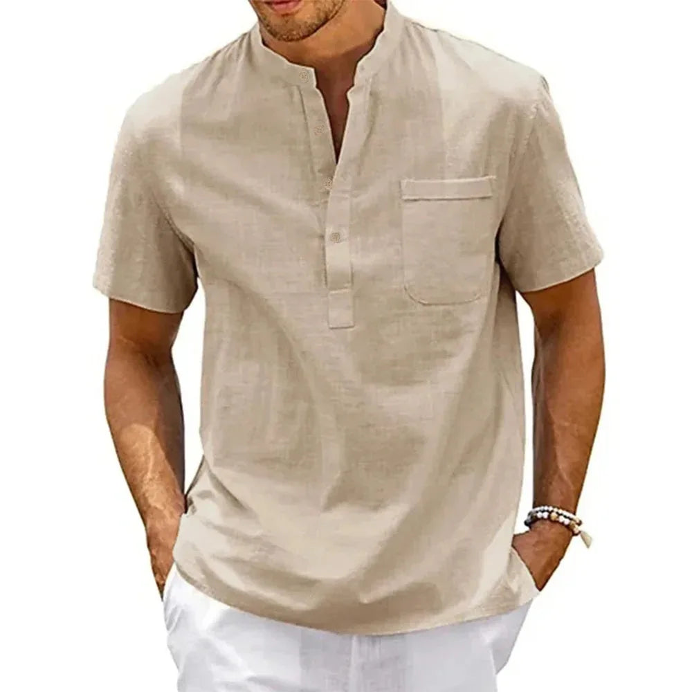 Chemise en coton et lin pour hommes, col Henley, poche, décontractée, plage, manches courtes, couleur unie, hauts T-shirts, Vintage, Streetwear