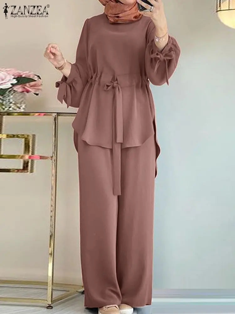 ZANZEA-Costumes chemisier et pantalon à manches longues pour femmes, survêtements Hijab Abaya, vêtements islamiques, ensembles musulmans vintage, mode automne, 2 pièces, 2024