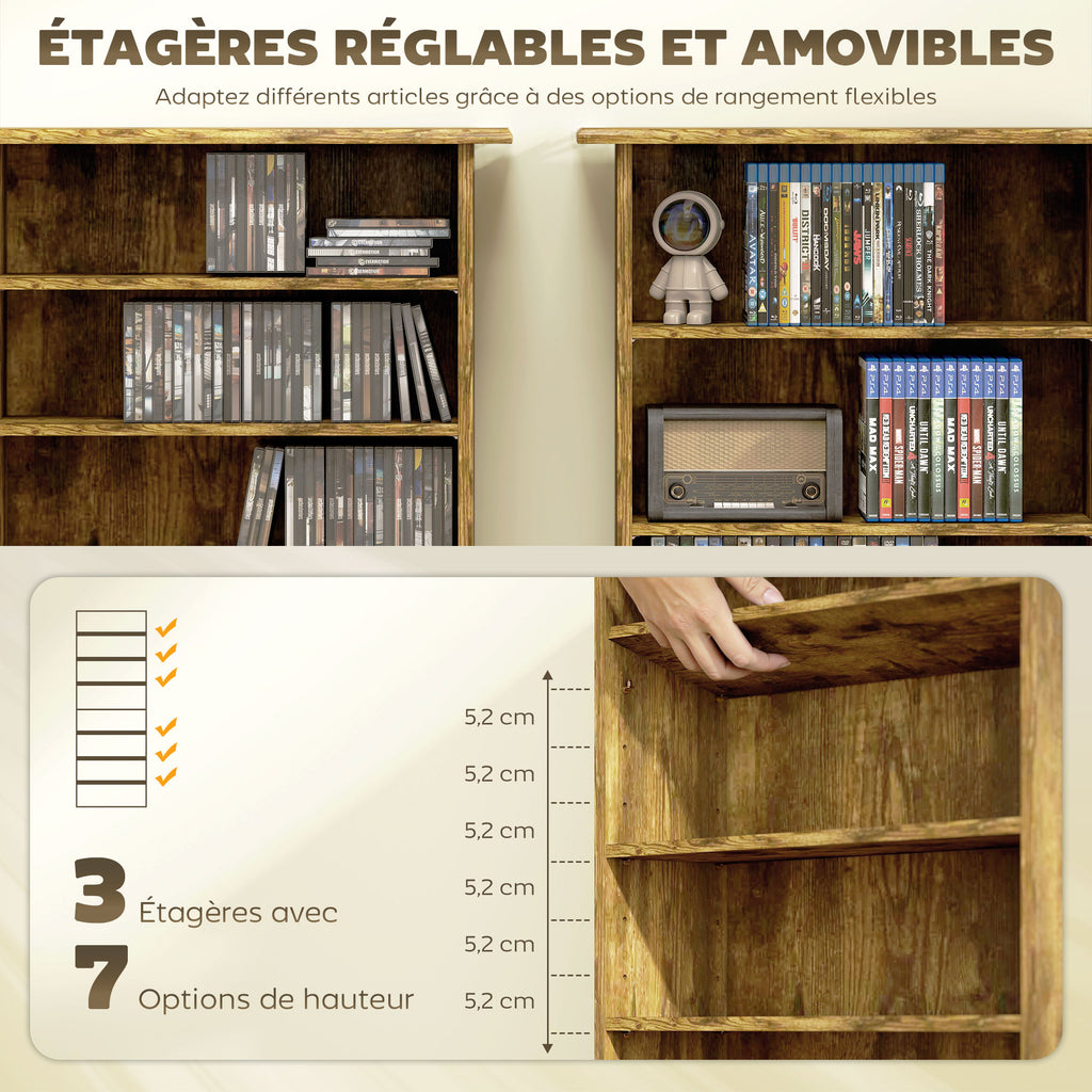 Rangements pour CD et DVD avec 8 compartiments et 6 étagères réglables, capacité max. 360 CD/185 DVD et Blu-ray, marron