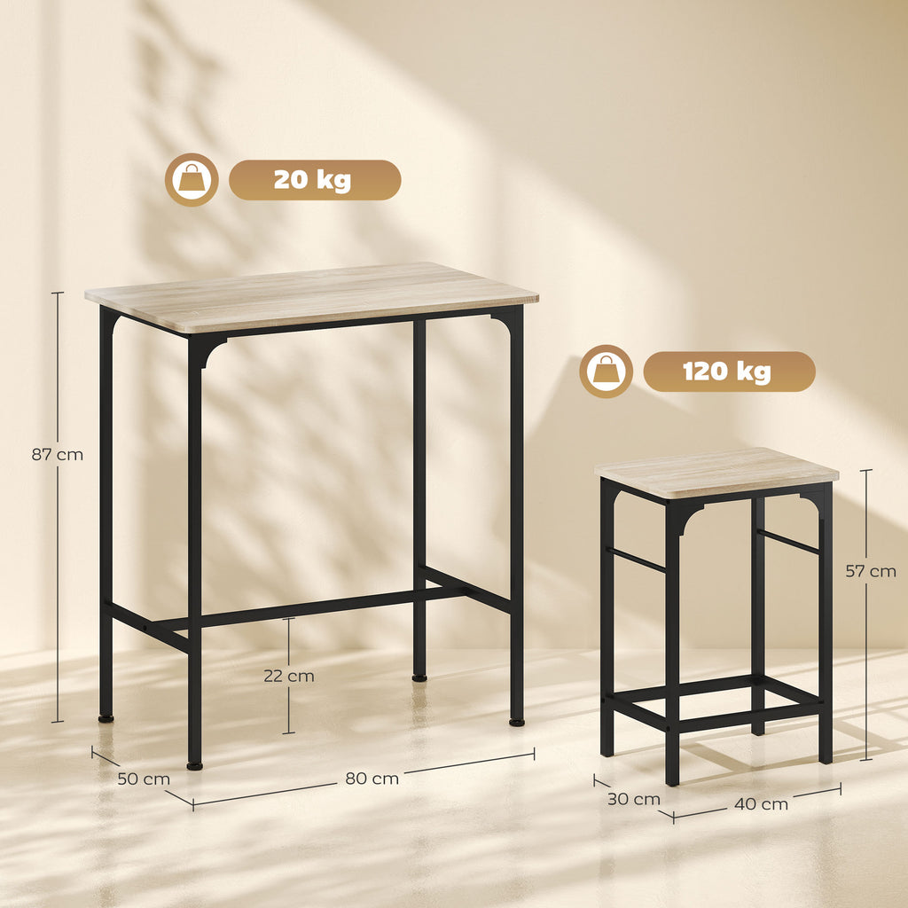 Ensemble table de bar avec 2 tabourets, cadre en acier pour cuisine, salle à manger et salon, effet bois naturel