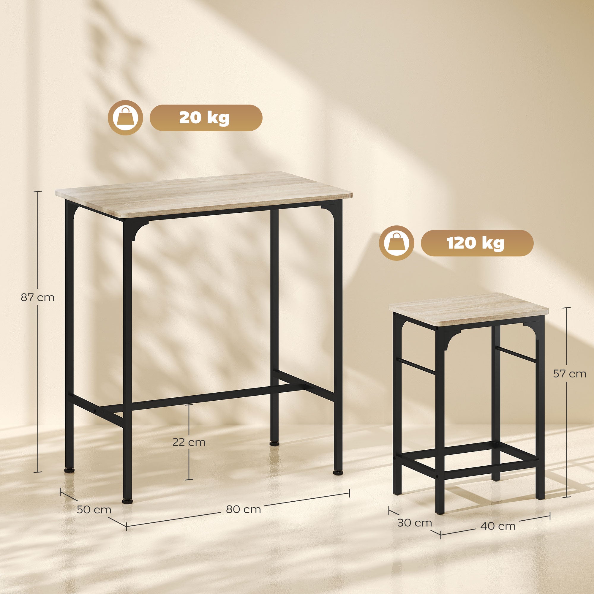 Ensemble table de bar avec 2 tabourets, cadre en acier pour cuisine, salle à manger et salon, effet bois naturel