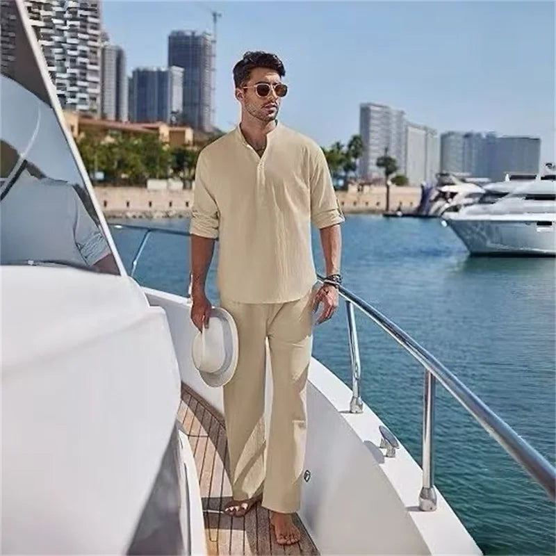 Ensemble Homme Style Yacht – Col Montant, Haut & Pantalon Ample