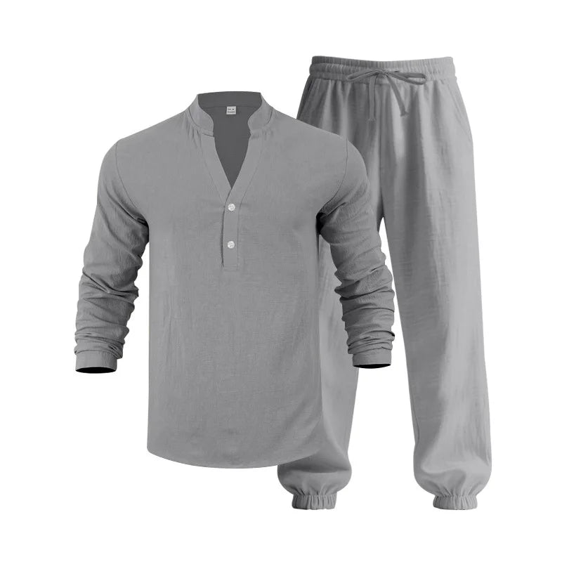 Ensemble américain en lin ample pour hommes, chemise hawaïenne fine Henry, pantalon à manches longues, pour les déplacements domicile, automne