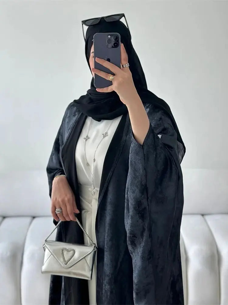 Abayas-Robe musulmane de luxe en satin brillant pour femmes, kimono ouvert, abaya, Eid, chauve-souris, Dubaï, vêtements islamiques, caftan marocain