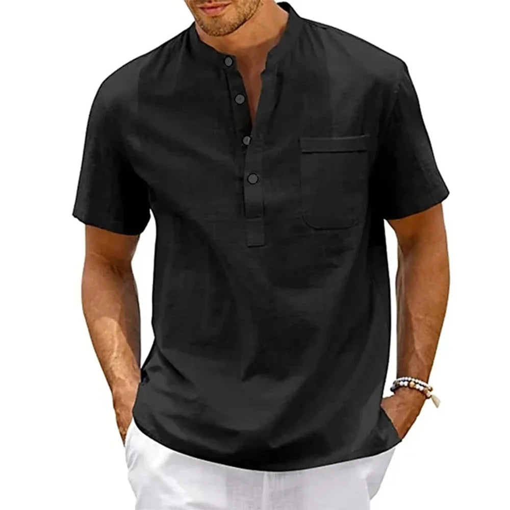 Chemise en coton et lin pour hommes, col Henley, poche, décontractée, plage, manches courtes, couleur unie, hauts T-shirts, Vintage, Streetwear