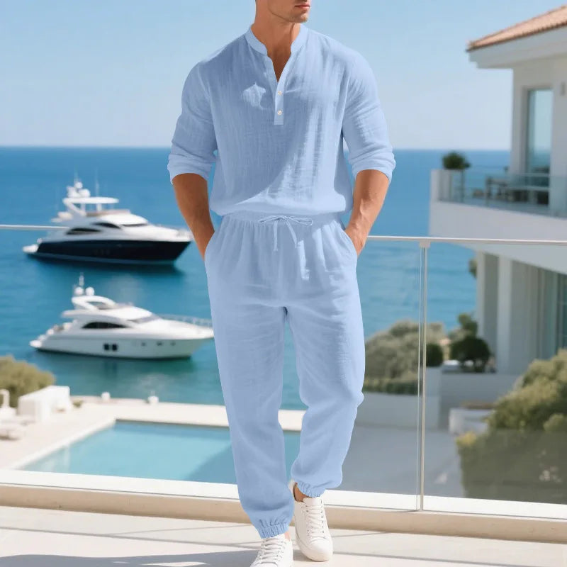 Ensemble américain en lin ample pour hommes, chemise hawaïenne fine Henry, pantalon à manches longues, pour les déplacements domicile, automne
