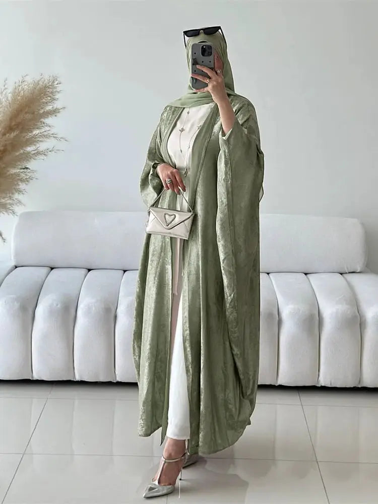 Abayas-Robe musulmane de luxe en satin brillant pour femmes, kimono ouvert, abaya, Eid, chauve-souris, Dubaï, vêtements islamiques, caftan marocain
