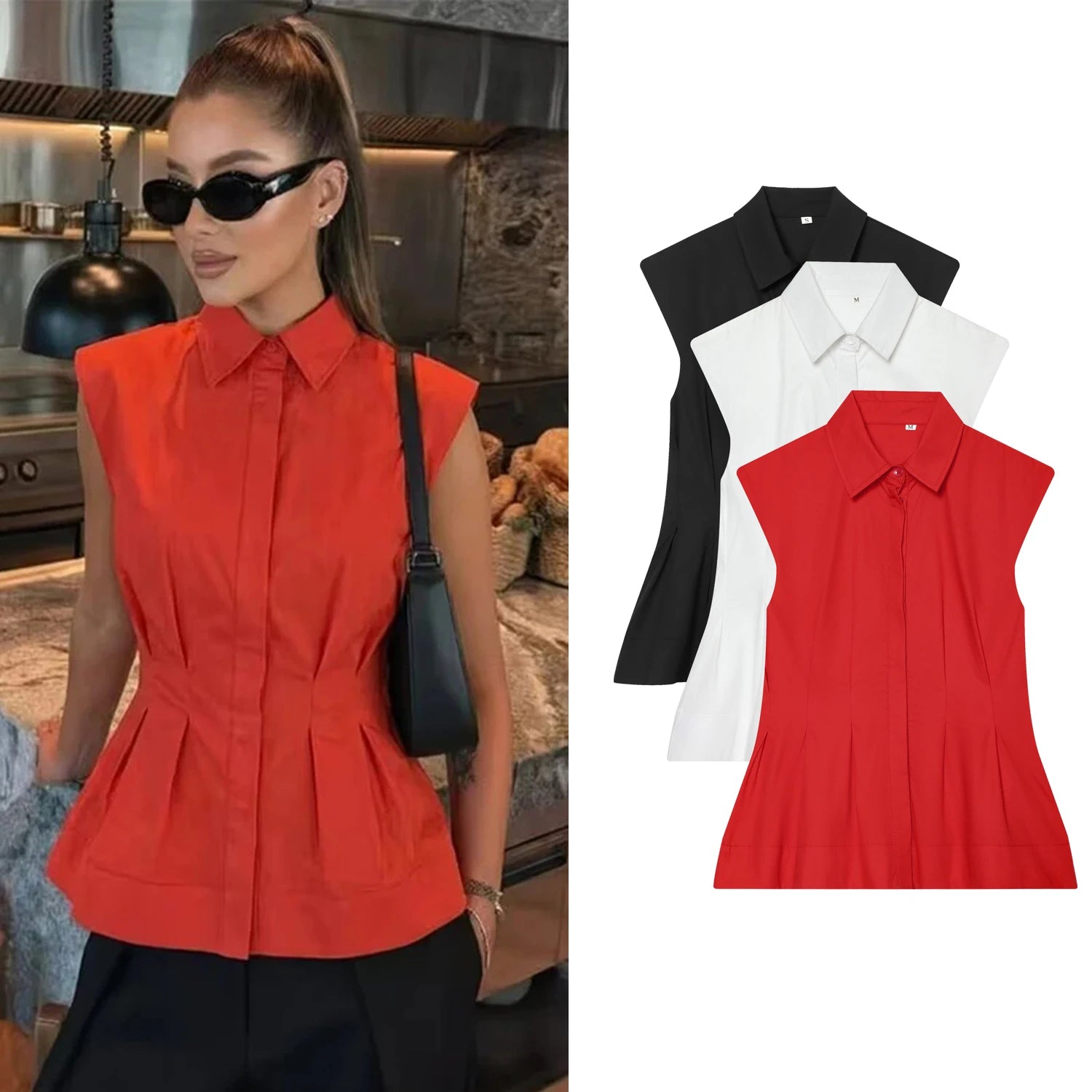 Chemisier plissé chic et élégant pour femme, sans manches, col rabattu, simple boutonnage, nouvelle collection été