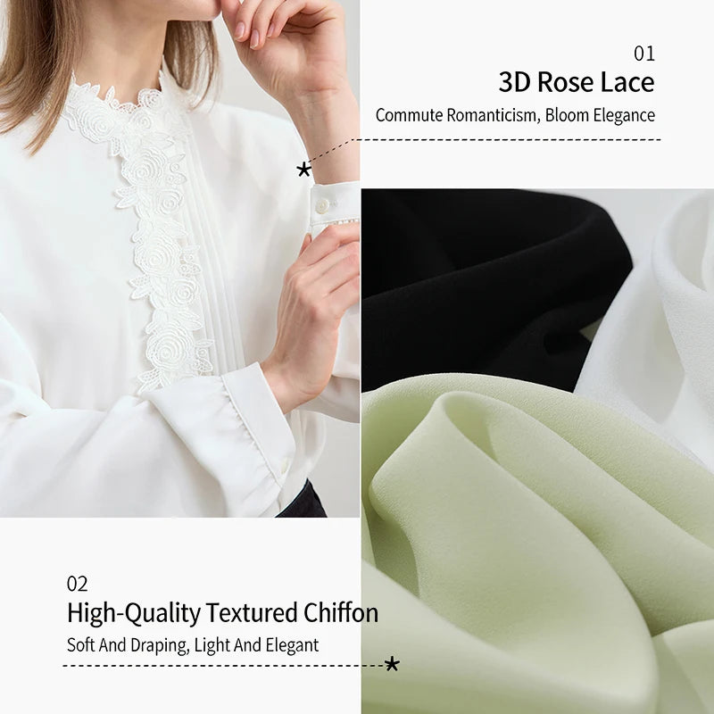 Chemisier Amii en Chiffon 2026 Nouvelle Collection Automne – Blouse Élégante Plissée à Dentelle pour Femme, Boutons Cachés, Style Commuter 12641075