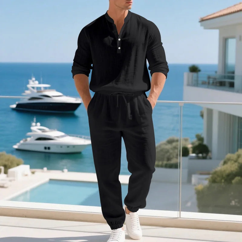 Ensemble américain en lin ample pour hommes, chemise hawaïenne fine Henry, pantalon à manches longues, pour les déplacements domicile, automne