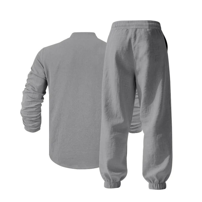 Ensemble américain en lin ample pour hommes, chemise hawaïenne fine Henry, pantalon à manches longues, pour les déplacements domicile, automne