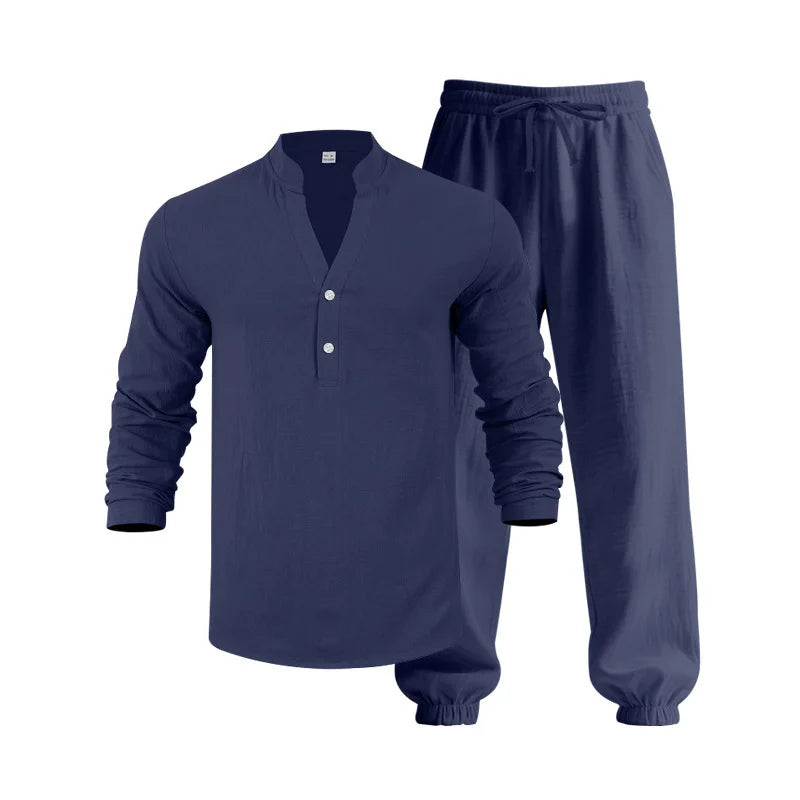Ensemble américain en lin ample pour hommes, chemise hawaïenne fine Henry, pantalon à manches longues, pour les déplacements domicile, automne