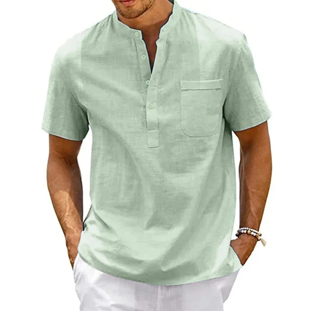 Chemise en coton et lin pour hommes, col Henley, poche, décontractée, plage, manches courtes, couleur unie, hauts T-shirts, Vintage, Streetwear