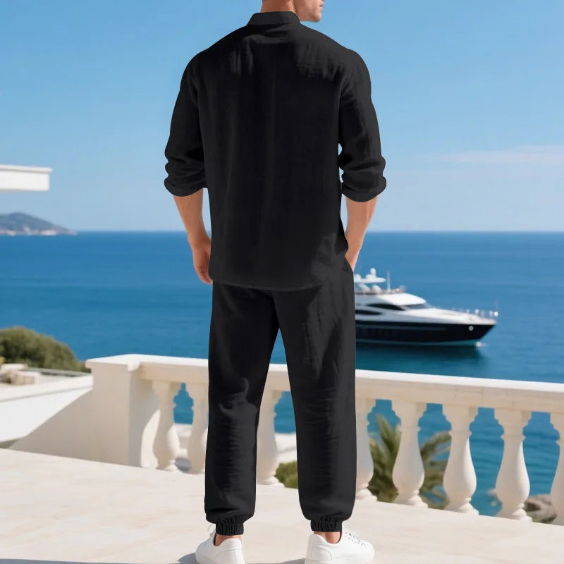 Ensemble américain en lin ample pour hommes, chemise hawaïenne fine Henry, pantalon à manches longues, pour les déplacements domicile, automne