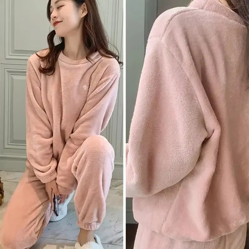 Ensemble pyjama en velours corail pour femme, pantalon chaud, ample, vêtements de maison pour l'extérieur, surdimensionné, automne et hiver