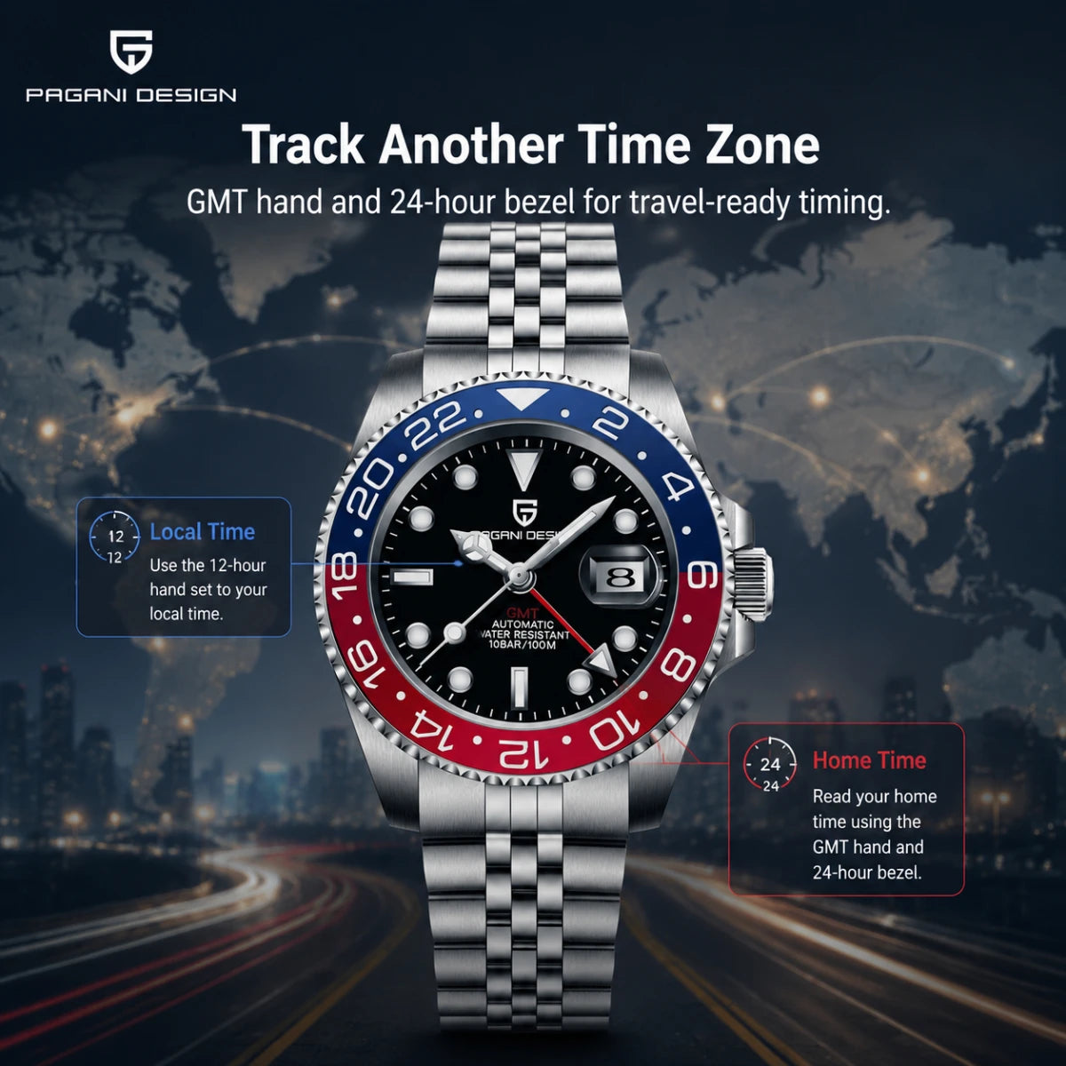 Montre PAGANI DESIGN GMT – Acier & Saphir