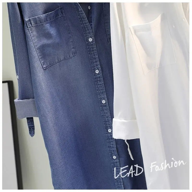 Chemise mi-longue contenant du coton pour femmes, vêtements à la mode, coupe ample, manches longues, Double poche, manches roulées, chemisier fin