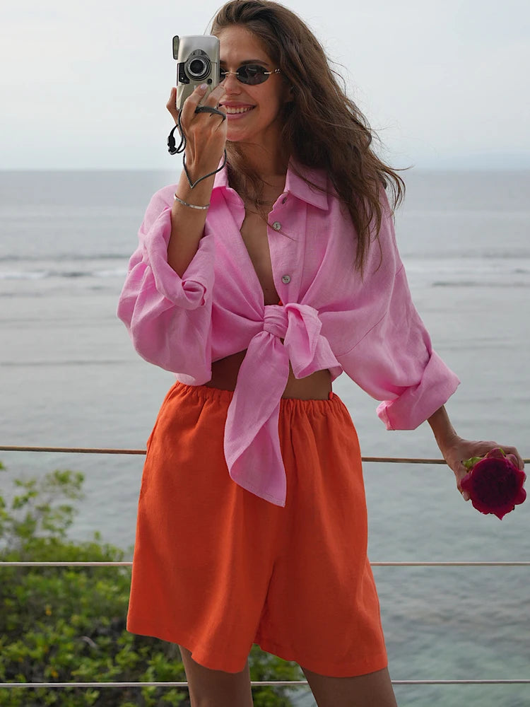 Chemise en lin à manches longues pour femmes, chemisier surdimensionné, col haut basique, coton, élégant, rose, vintage, printemps