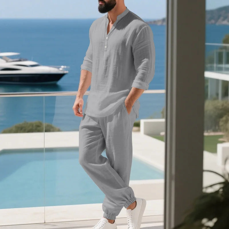 Ensemble américain en lin ample pour hommes, chemise hawaïenne fine Henry, pantalon à manches longues, pour les déplacements domicile, automne