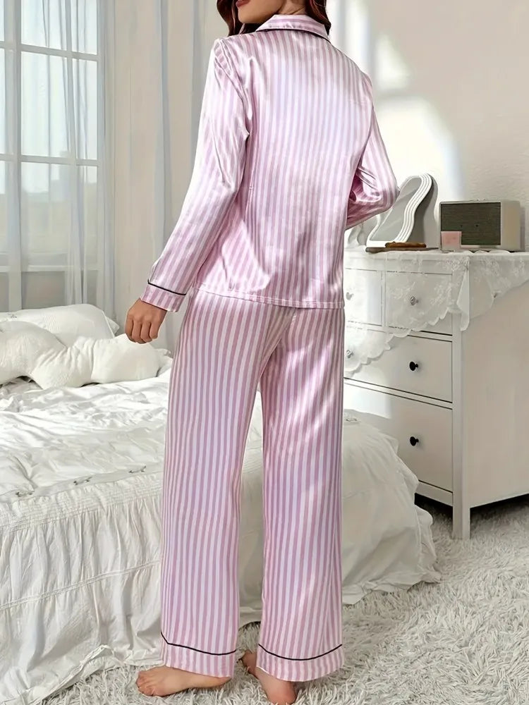 Ensemble pyjama rayé pour femmes, vêtements de nuit, manches longues, haut à boutons et pantalons longs, vêtements de maison, automne et hiver